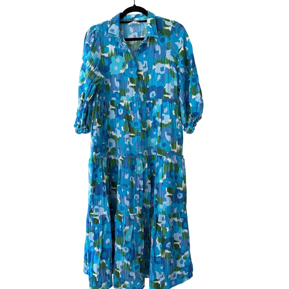Pomander Place Blue Green Floral Tiered Midi Dress Womens Small Coastal Boho